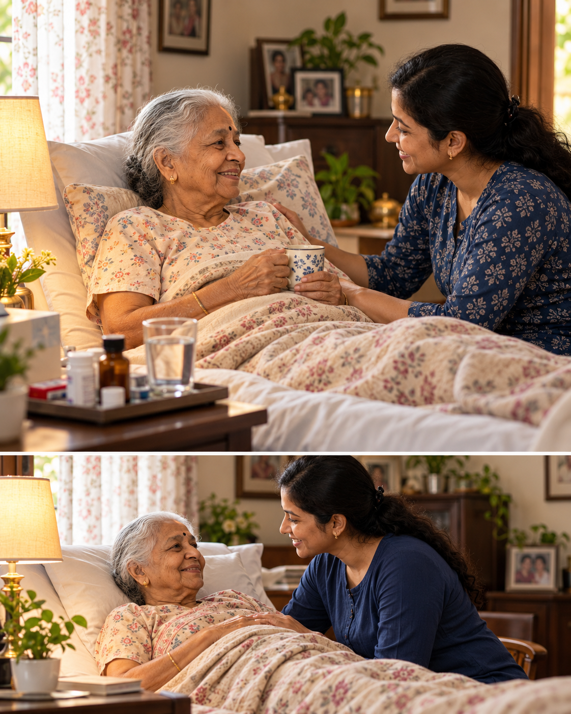 A scene illustrating physiotherapy at home at home in India
